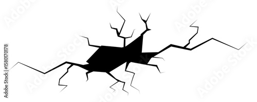 Wall crack icon. Hole in floor, broken glass symbol top view, break effect design