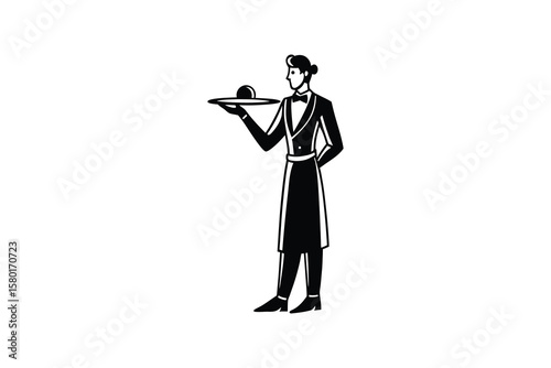 Elegant Waiter in Formal Wear Holding Tray in Silhouette Style Perfect for Restaurant Menus and Service Industry Graphics silhouette