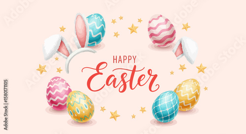 Festive Easter Composition with Decorated Eggs Bunny Ears and Golden Stars.