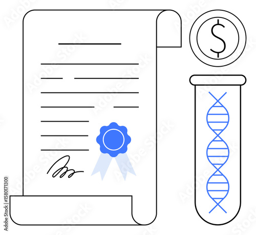Scroll with signature and blue ribbon beside DNA double helix in test tube and dollar icon. Ideal for biotechnology, intellectual property, innovation, research funding, medical science, legal