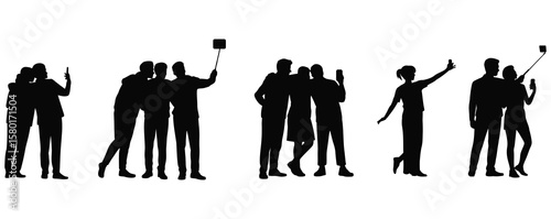 People selfie silhouette vector set.Vector art of a silhouette of groups of friends taking selfies with smartphones and selfie sticks, isolated on white background