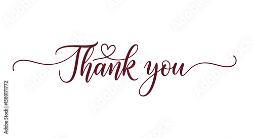 Elegant Burgundy Script Thank You with Heart Symbol and Flourishes.
