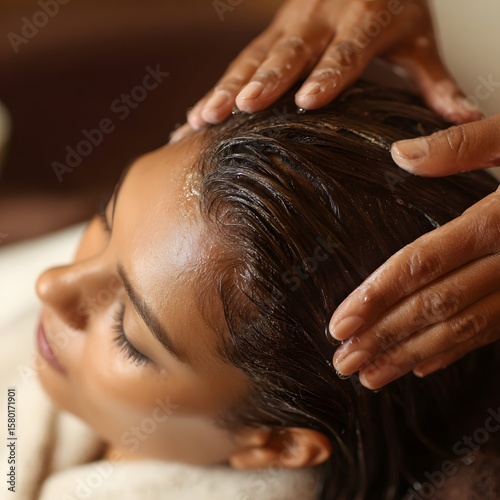 Woman receiving a relaxing hair treatment in a serene spa environment, promoting wellness and beauty