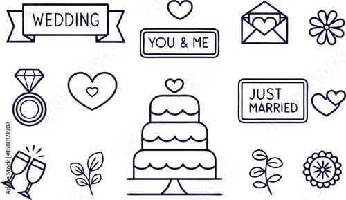 Wedding icons with cake ring and hearts celebration
