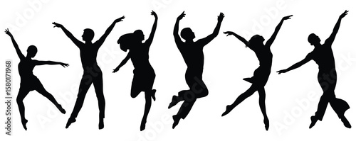 Together we Celebrate Bright Idea. Happy people young guys girls jumping isolated Vector Silhouettes.