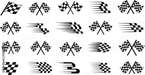 Collection of black and white checkered racing flags and motion blur graphics checkered flag