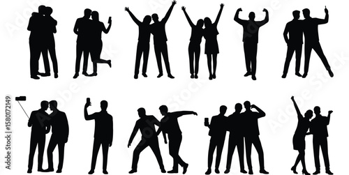 
Excited People silhouettes set isolated flat vector illustration on white background.Vector art of silhouettes of people in various poses, isolated on white background
