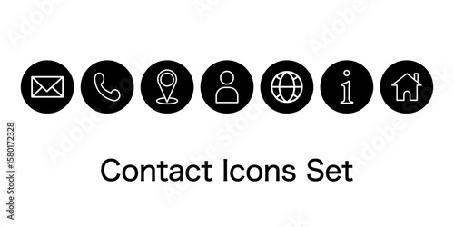 black and white contact icons, title, phone, address, email and website