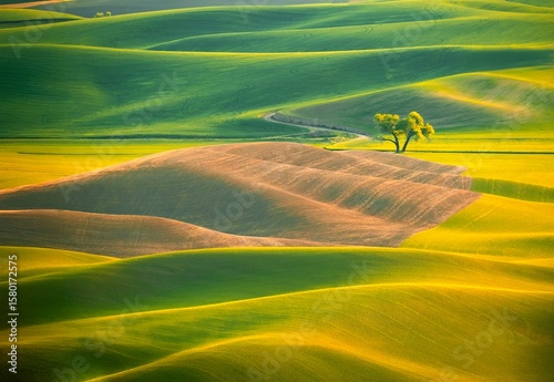 Green wheat fields on rolling hills in Palouse. Washington State, USA