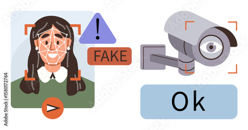 Face recognition software detecting fake identity with alert symbols, paired with a security camera validated as authentic. Ideal for AI, cybersecurity, identity verification, tech ethics, data