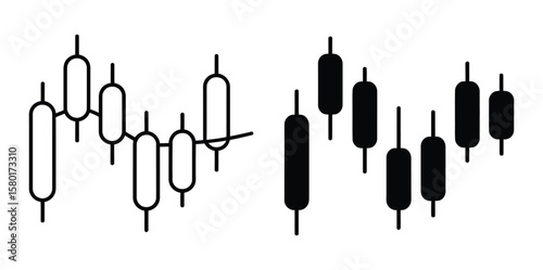 Chart candlestick icons in black line and filled versions.Chart candlestick vector icon set black filled and outlined style.