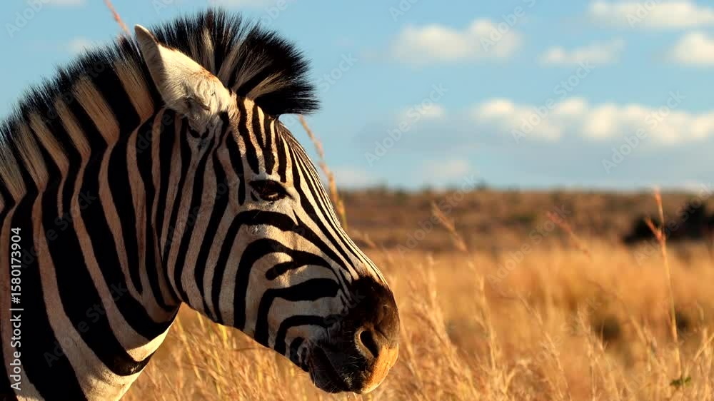 Closeup profile view of handsome black and white face of zebra in golden field