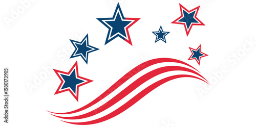 Patriotic seamless border. Red and blue stripes with stars for an American holiday. Blue and red abstract waves. Red, White & Blue Stars.