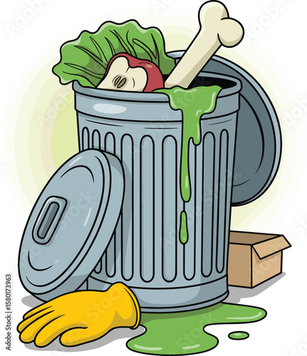 PrintOverflowing cartoon trash can with garbage, food waste, dirty metal bin, bone, apple core, glove, cardboard, vector art