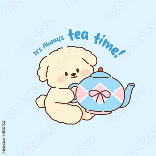 Cute Fluffy Dog Holding a Teapot Illustration