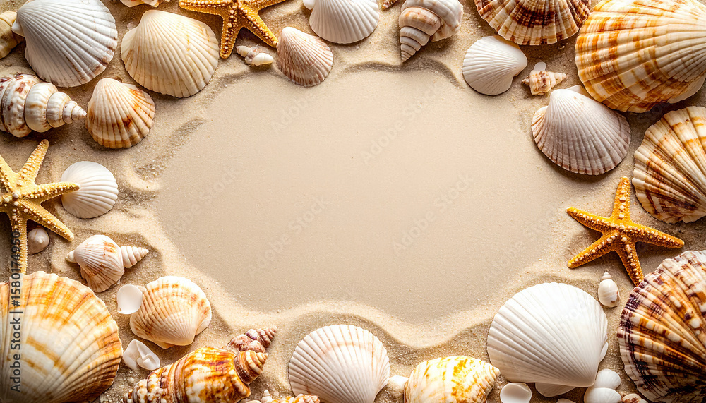 Obraz premium Seashells starfish sand beach summer vacation frame