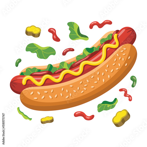 Hot Dogs with Sauce Splash creative isometric illustration with layered dimension and depth cues