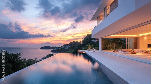 Luxurious white minimalist house with infinity pool overlooking the sea at sunset in a tropical paradise 