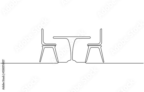 Garden chairs and table in continuous line art drawing style. Outdoor furniture black linear sketch isolated on white background.