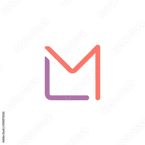 A minimalist, two-tone logo forming the letter 'M' from a coral red line and an unfinished, purple 'L' shape