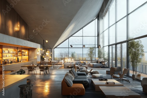 Bright and colorful office space, with a large window and a potted plant. Modern open plan office interior, with large windows, in a loft inspired workspace, 3D rendering.