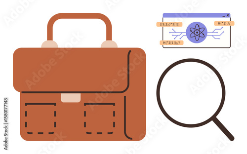 Brown briefcase, magnifying glass, and a digital chip card blend symbols of business, analysis, and technology. Ideal for research, planning, innovation, education growth data analysis simple