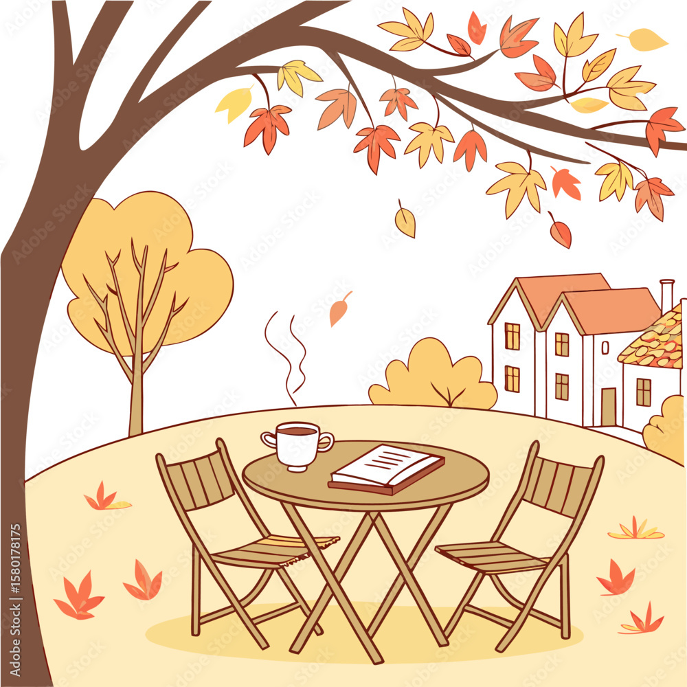 Obraz premium Cozy autumn scene with a table and chairs set for two under a tree with falling leaves overlooking charming houses and trees in warm seasonal colors