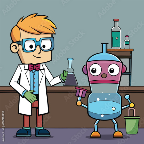 Cartoon scientist with glasses holding a flask next to a robot holding a bucket in a laboratory