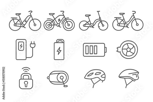 Electric bike icons: battery, charger, lock, helmet, speed gauge