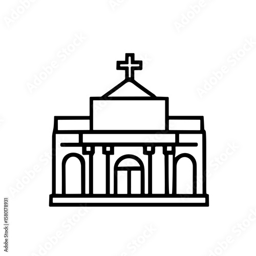 Simple black outline drawing of a church building with a cross.