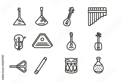 Outline of various musical instruments on green background
