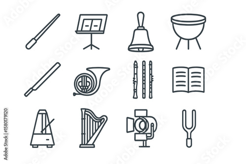 Elegant musical instrument icons set on dark background