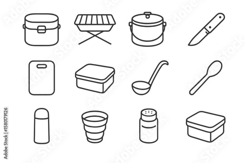 Camping gear icons set includes pot, knife, spoon, cutting board, and more