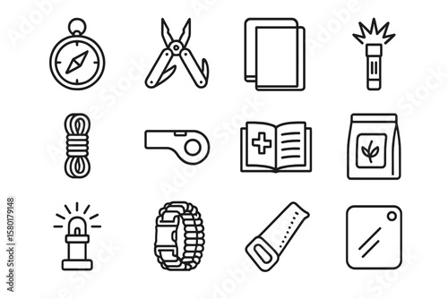 Essential camping tools: compass, multi-tool, flashlight, rope, first aid, whistle