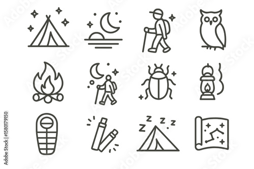 Camping icons set: tent, moon, hiker, owl, campfire, bug, lantern, map