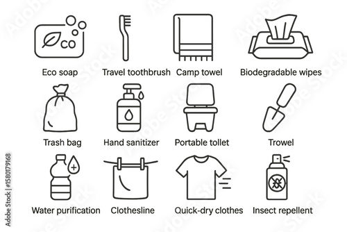 Essential eco-friendly camping gear icons for sustainable outdoor adventures