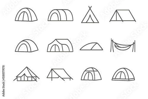 Various tent icons on dark background: outdoors camping gear collection