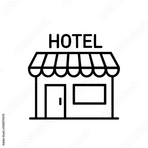 A simple line art icon of a hotel building with a striped awning and sign.