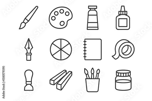 Set of art and craft tool icons on dark background
