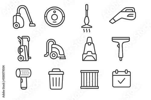 Set of cleaning tools and equipment icons for home and commercial use