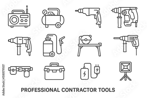 Variety of professional contractor tools illustrated in minimalist style