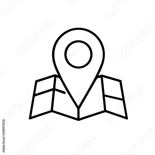 A minimalist black outline icon depicting a location pin marker centered on a folded map, symbolizing navigation and destination.