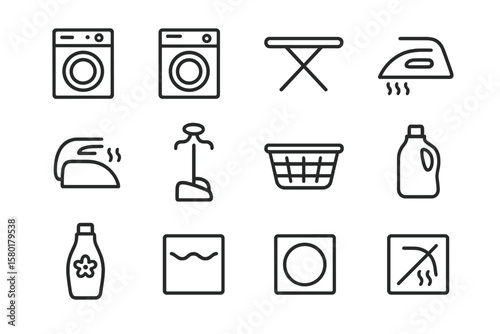 Laundry icons: washer, iron, basket, detergent, and more essentials
