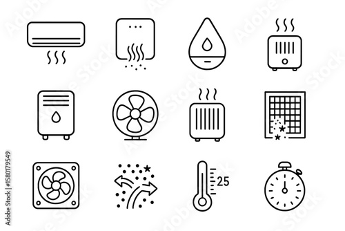 Black and white icons of air conditioning and heating systems