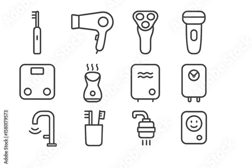 Bathroom appliance icons: dryer, shaver, toothbrush, bottle, faucet, heater, dispenser