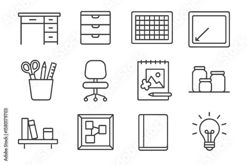 Office supply icons on metallic background featuring desk and chair