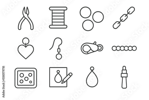 Jewelry making icons: tools, beads, chain, thread, heart, pliers, dropper