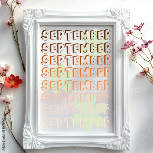 September the lettering with a white wooden picture frame letter “September “in the center floral background, picture frame home decor white wooden frame with September the letter wall art, 