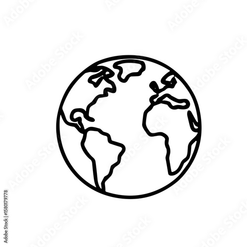 Simple black and white outline illustration of Earth globe, showing continents.