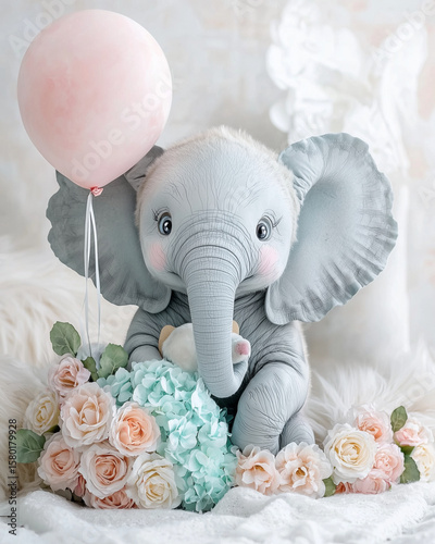 Pastel baby elephant watercolor baby elephant with pastel pink balloon, floral bouquets, pastel watercolor baby elephant nursery art, cute watercolor baby elephant on pastel background for printing. 